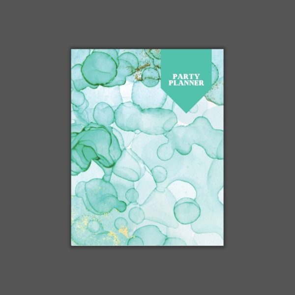 cover of the party planner with those words in white and green alcohol inks spread about