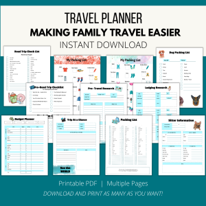 teal background, white stripe, travel planner, making family travel easier, instant download, printable pdf, multiple pages, download and print as many as you want. Then shows pages of road trip checklist, packing list, budget planner, trip at glance