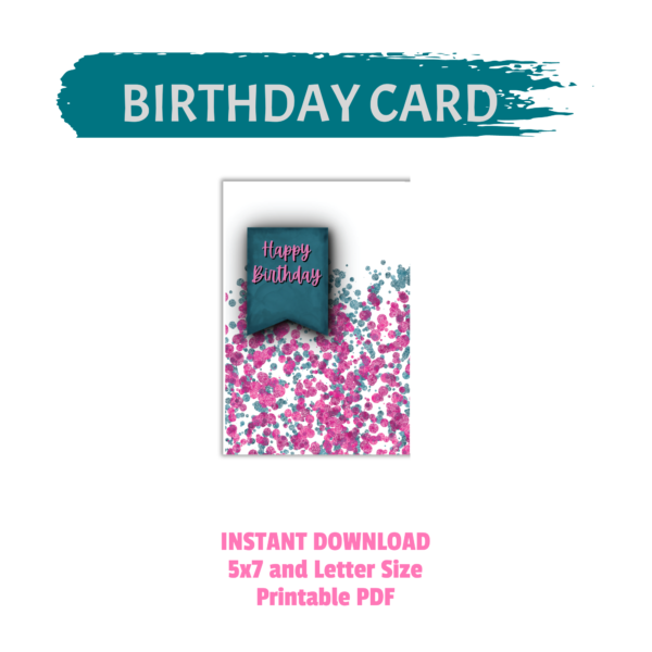 pink teal glitter dots with teal tag with Happy Birthday Card