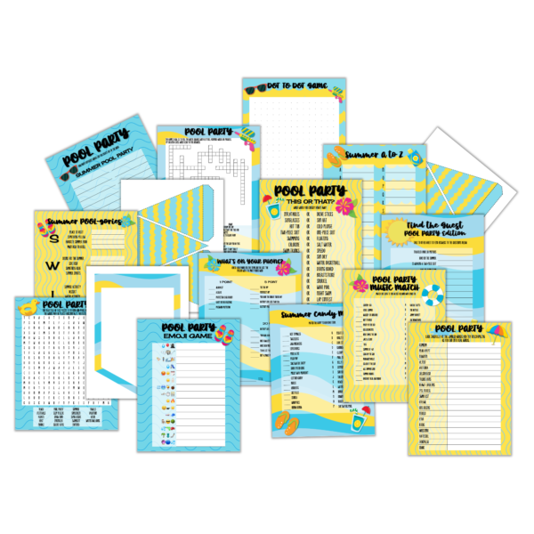 Pool Party Printable Games with Images of Each like Scattagories, Word Search, This or That