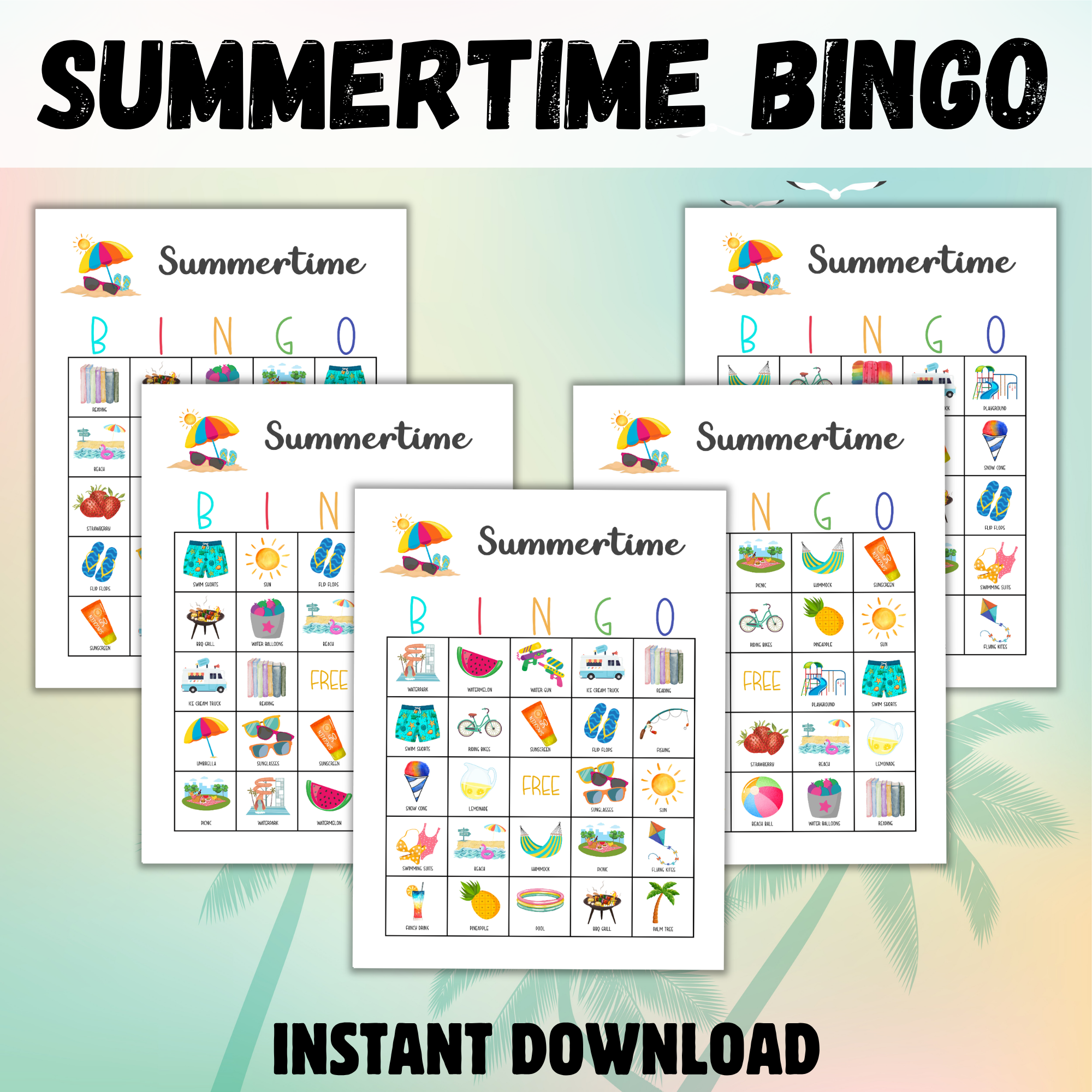 green peach palm tree background, top says summertime bingo, bottom says instant download. Shows 5 letter size cards for the bingo board.