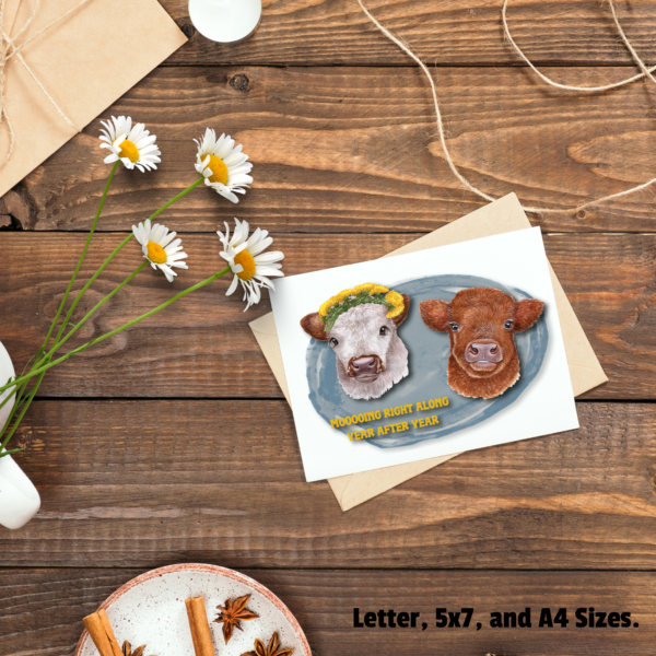 wood background with string and daisies and a brown paper package with a greeting card featuring blue watercolor background with two cows