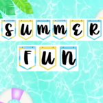Pool background with floatie and the word Summer Fun Spelled out with banner letter in blues and yellows