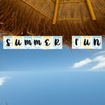 Summer Fun banner on straw umbrella with blue skies