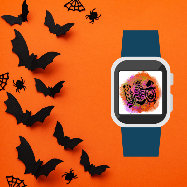Orange Background with Bats showing Apple Watch with Halloween Boo Wallpaper in orange green and purple