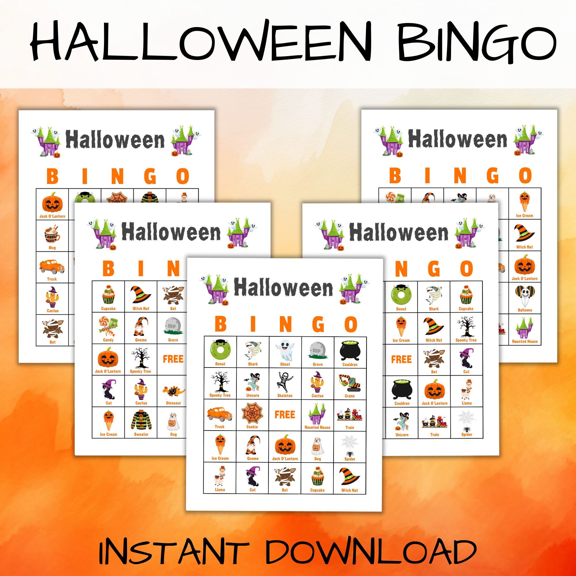 orange wash background, halloween bingo top, instant download bottom, shows 5 letter size bingo boards and haunted house, ghost, bat, spider, cookies, Dinos, etc images