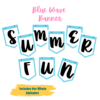 White background with words Blue wave banner, Includes the whole alphabet shows examples with blue flags with lines and the letters
