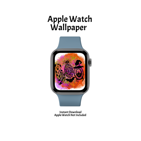 white background with words Apple Watch wallpaper, watch not included, instant download with picture of watch with BOO splatter wallpaper