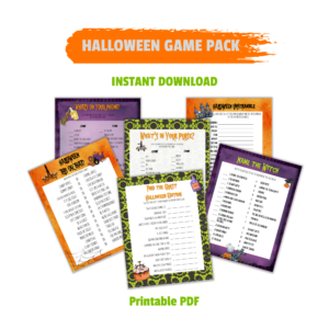 Whit background with orange swish with words that say Halloween Game Pack then more words that say instant download and printable PDF, shows 6 pages of the game including this or that, Find the guest halloween edition, what's in your purse, Whats on your phone, and scavenger hunt