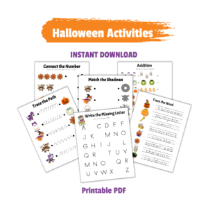 halloween activités with instant download and printable PDF showing tracing, missing letters, write the words, match the shadows, and other math
