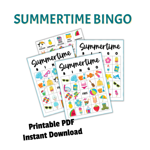 Summertime BIngo, Printable PDF, Instant Download words on the graphic with pictures of the bingo cards and calling calls all with summer pool party theme like swimming suits, sun, watermelon, etc.