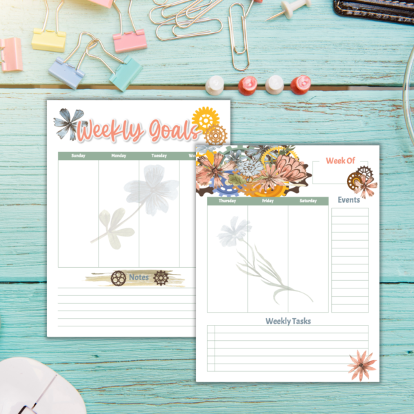 teal desk with paperclips and binder clips with weekly goal pages with floral and gears
