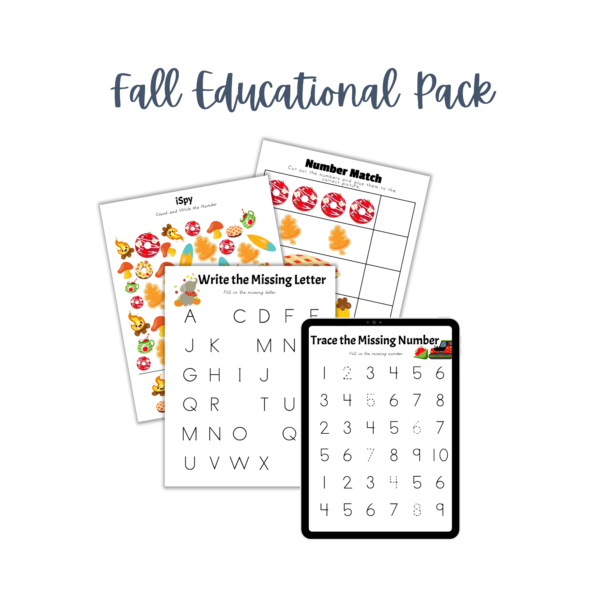 white background, instant download, printable pdf, fall educational pack for preschool to 2nd grade with ispy, number match, write the missing letter, trace the missing numbers shown