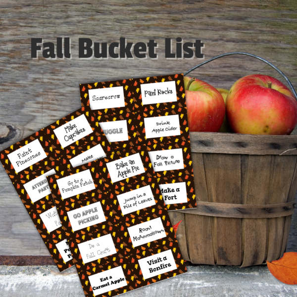 basket of apples with three pages of the fall bucket list images shown with fall leaves and 8 activities listed per page