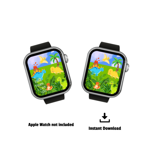 white background words Apple Watch not include, instant download shows two black watches with the different bright Dinosaur Watch Wallpaper