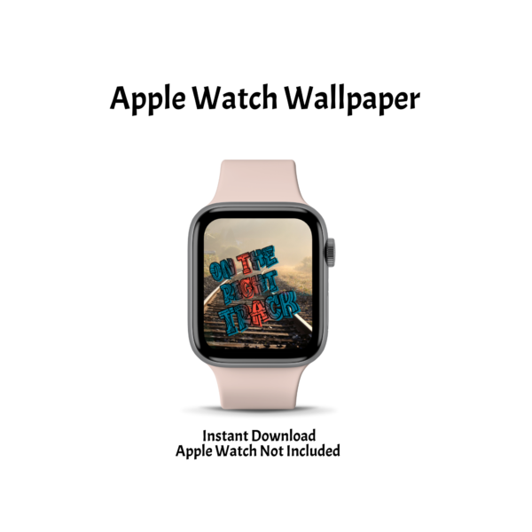 white background with instant download, apple watch not included, apple watch wallpaper with pink smartwatch with on the right track and train tracks background with blues, oranges, and train tracks on display