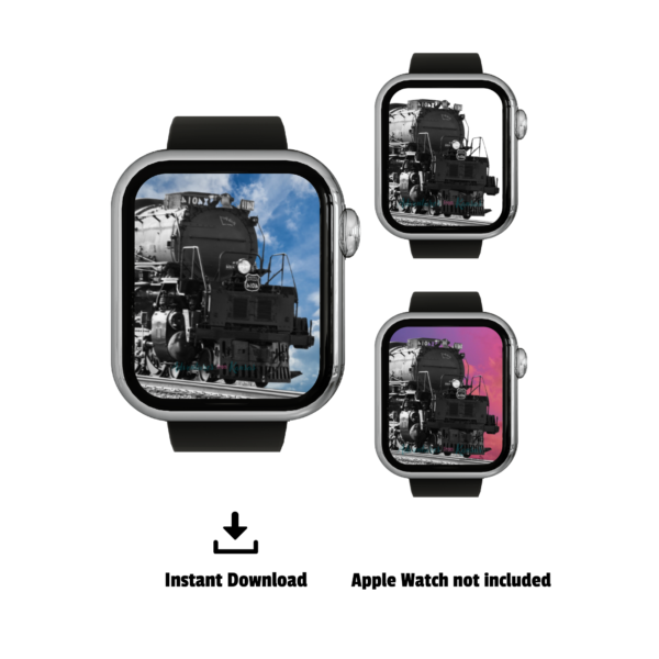 white background with three black apple watches shown bigger display is background with blue sky and steam engine, then two smaller watches with black and white engine train, and pink purple background with steam engine
