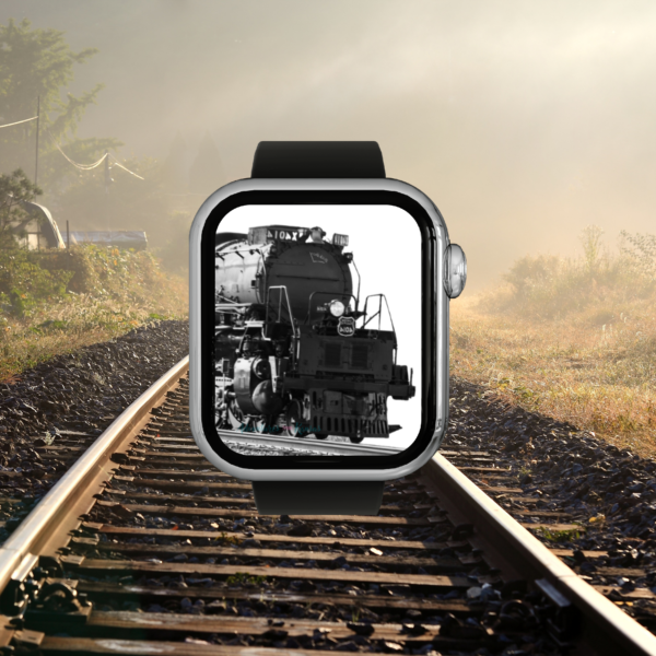 train track background with black watch display with black and white steam engine big boy 4104 watch wallpaper