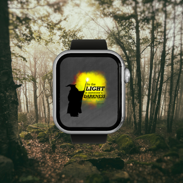 Forest Background with black watch shown with grey washes background wizard and light with an inspirational quote.