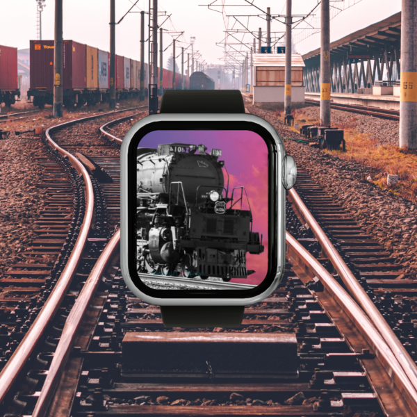 track background with black watch shown with purple pink background with Big Boy Steam Train Watch Face display