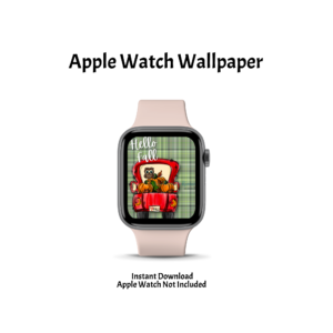 white background with Apple Watch Wallpaper, Instant Download, Apple Watch Not Included with pink smartwatch with green plaid background red pickup truck with pumpkins and owl, and words Hello Fall in cursive on the watch face display