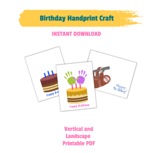 Birthday Handprint Craft Instant Download Vertical and Landscape Printable PDF on white background with images of the pages showing Happy Birthday Cake and Sloth