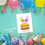 teal background with balloons and party hats and streams with use at birthday parties and an image of the birthday cake with candle handprints art shown