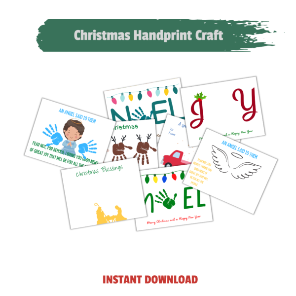white background show images of the landscape Christmas Handprint Art with manger, angel, Santa and his raiders, joy, and noel