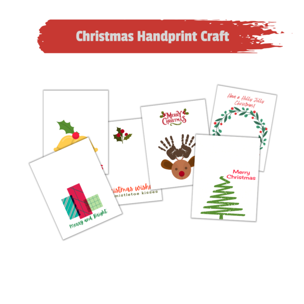 white background christmas handprint craft with vertical images shown. Candle, deer antlers, chrsitas tree, and mistletoe.