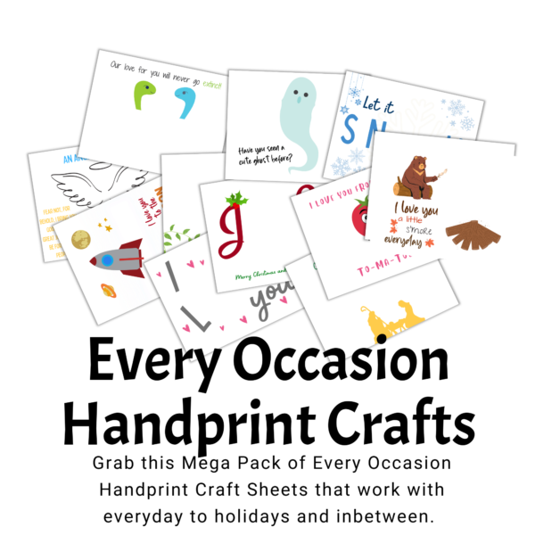 Every Occassion Handprint Craft on white background with grab this mega pack of every occasion handprint sheet from everyday to holidays and seasons.