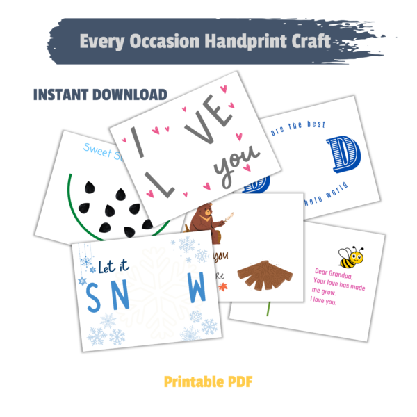 Every Occasion Handprint Craft Instant Download Printable PDF on white background then images of the sheets like sweet watermelon, Snow, campfire handprint