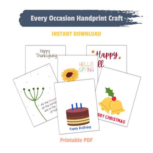 every occasion handprint craft instant download printable pdf flowers, birthday cake, christmas footprints, and fall handprints