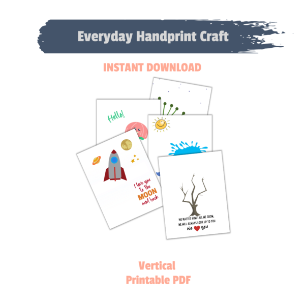 everyday handprint craft instant download vertical printable pdf with white background and, rocketship handprint craft, tree handprint, whale, jelly fish, and flower fingerprint art