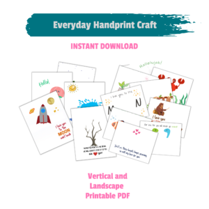 Everyday Handprint Craft Instant Download Vertical and Landscape printable pdf on white background Images of printables with rocketship handprint art, campfire, Whale, Jellyfish, dinos, and many more