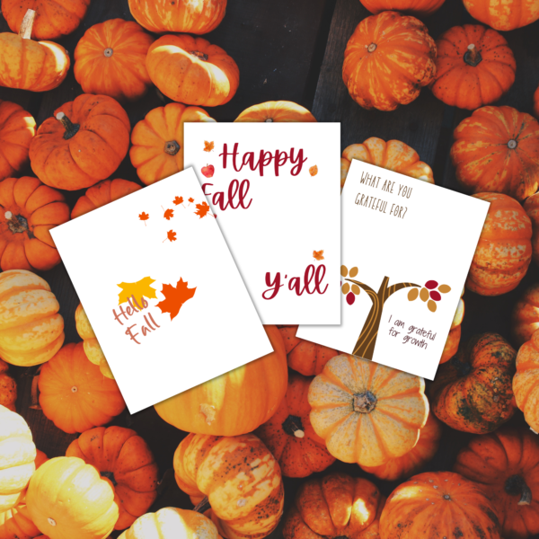 pumpkin scattered on the background with the happy fall, hello fall, and a tree image ready for handprints