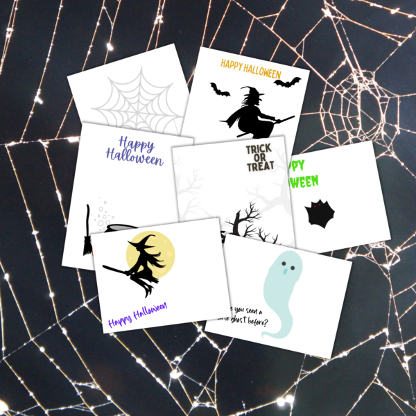 spider web background with images of handprint art like witch, cauldron, ghost, bat, Halloween art