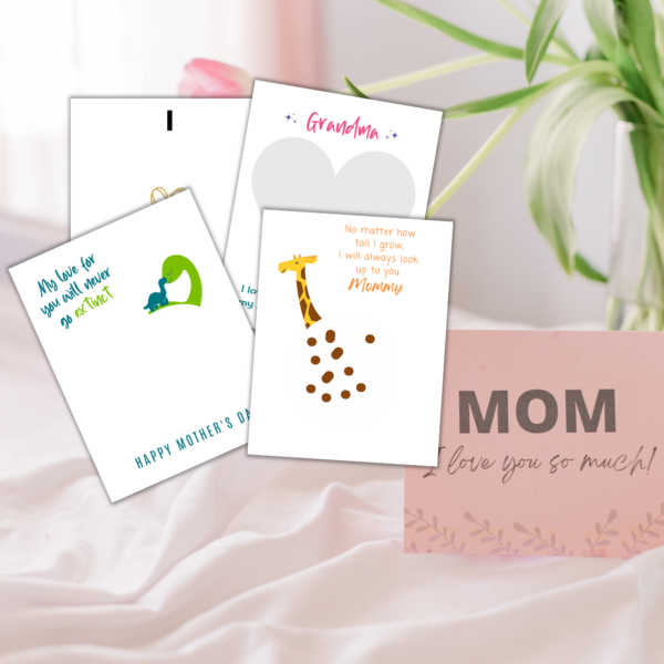 Pink soft and greenery with Mom Card, Dino Love, Giraffe, I Heart Mom, Grandma Heart Handprint Keepsake