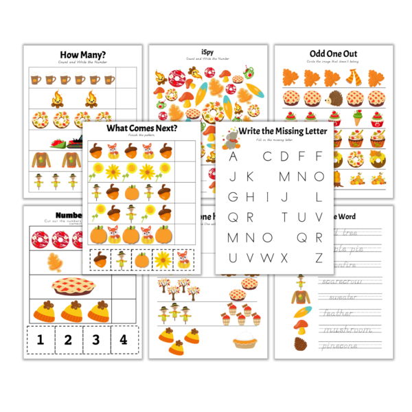 white background with how many, ispy, odd one out, what comes net, missing letter, number match, more or less, trace the words fall worksheets