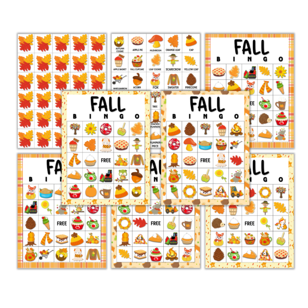 white backgrounds with calling cards, covers, 6 Fall Time Bingo Boards shown for seniors, and kids