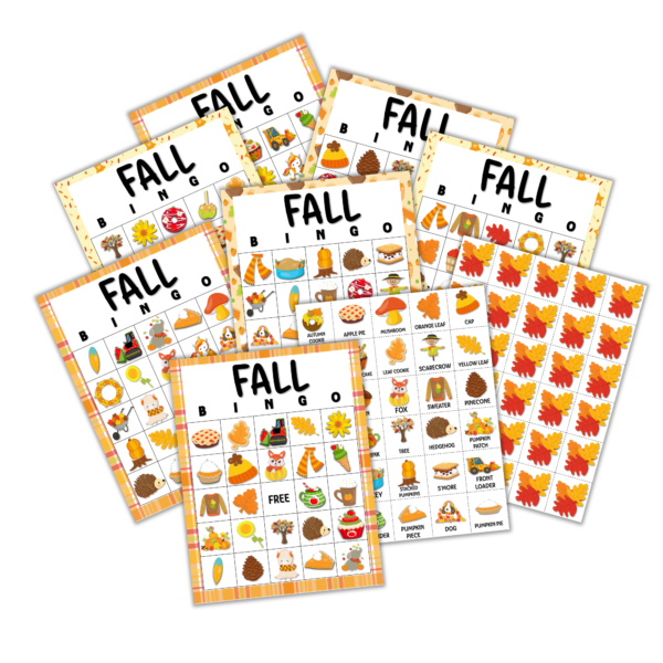 white background with calling cards, bingo covers, and seasonal bingo fall shown cards for the holidays including camp, senior, and party.