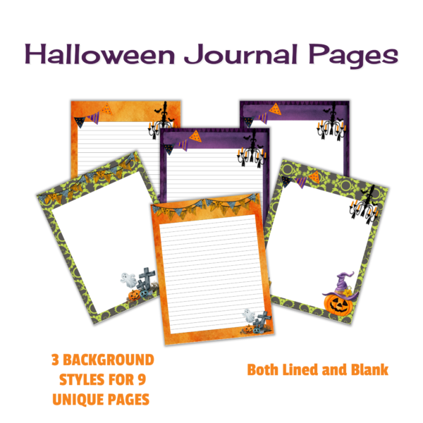 white background 3 background styles for 9 unique pages with both lined and blank pages. Shown is orange lined, green blank, and purple lined and unlined pages.