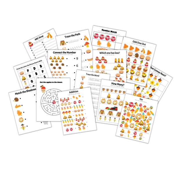 white background, the bundle of education pages, with many of the 44 pages showing together, how many, number match, what comes next, iSpy, trace the word, more or less, addition, write the word, trace the path, abc soup, trace the word, and more