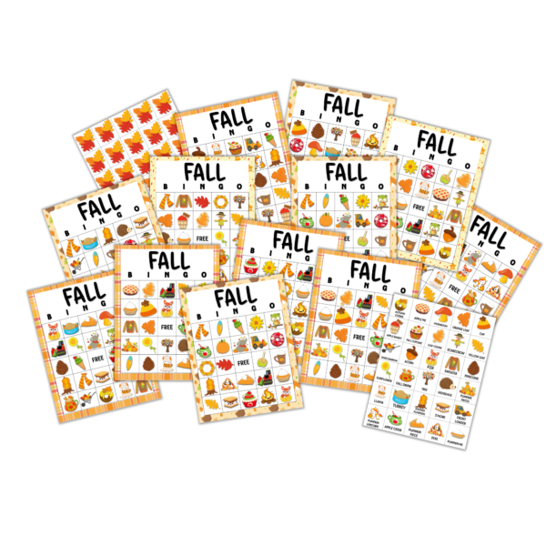 white background shown with many bingo boards, calling cards, and covers great bingo for parties