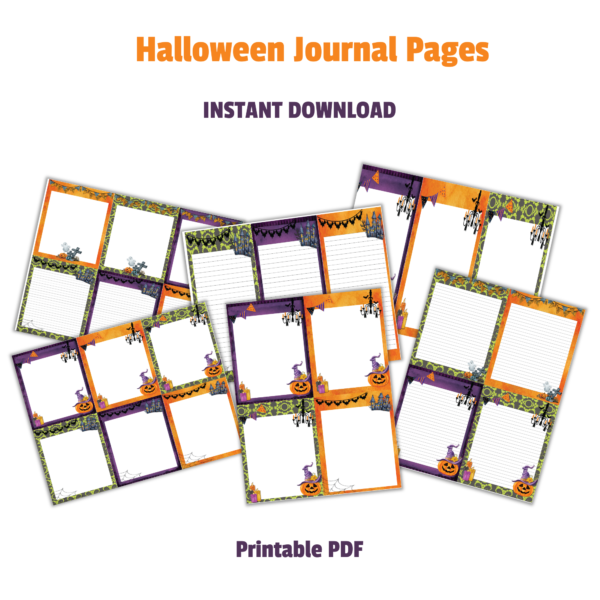 white background with Halloween journal pages, instant download, showing pages with six per page, 4 per page, and 3 per page lined and the blank page.