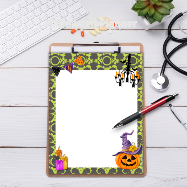 wood background at doctors office with doctor tools and meds, keyboard and clipboard with green and black background blank paper with bunting flag, pumpkin in witch hat, and candles on this note pad