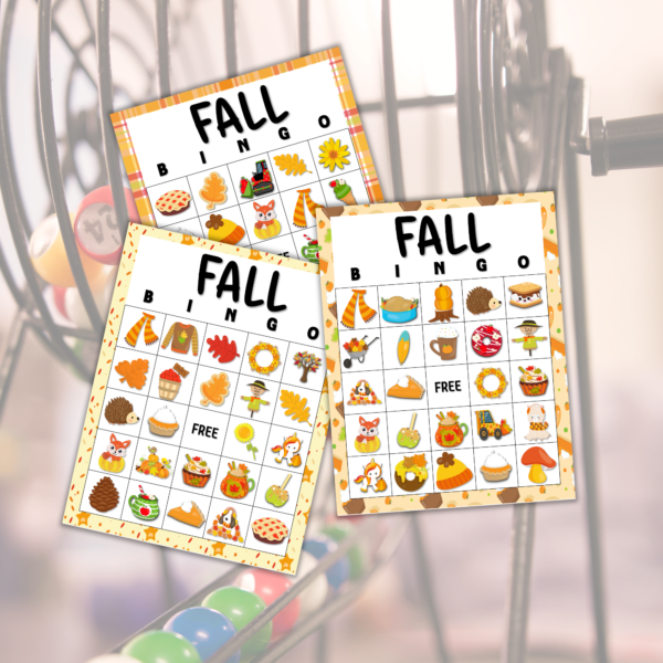 Bingo Ball Caller in Background with 3 images of seasonal bingo for fall