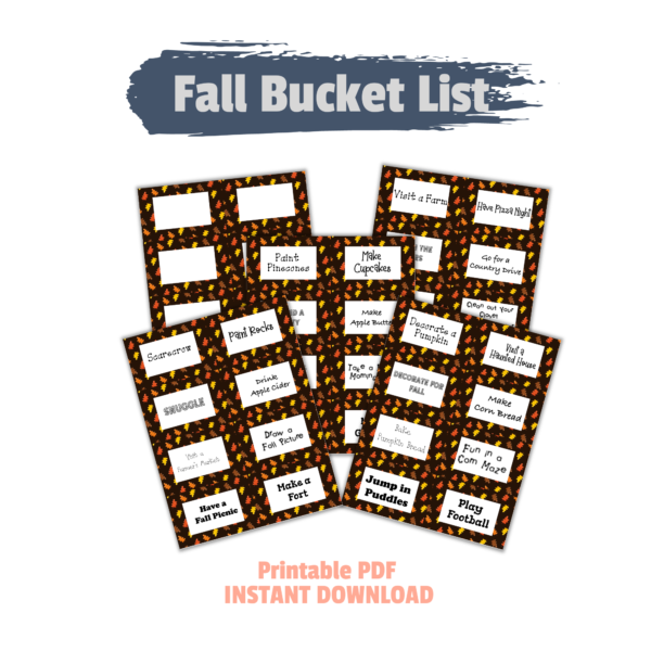 white background with fall bucket list, printable pdf, instant download, fall bucket list sheets show