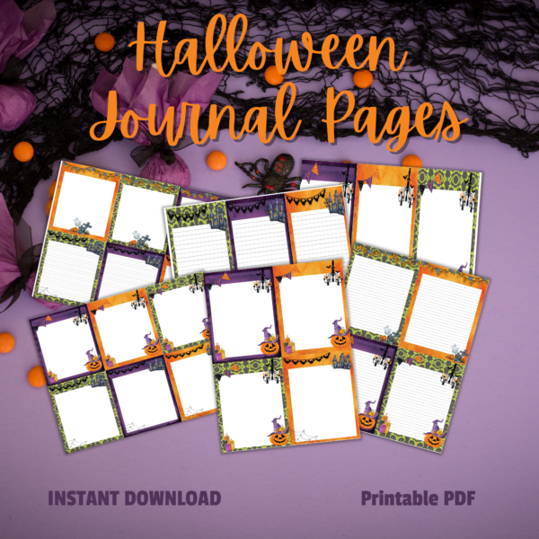 purple Halloween web background with halloween journal pages instant download printable pdf with pages of 6, 4, and 3 lined and blank style note pages stationary