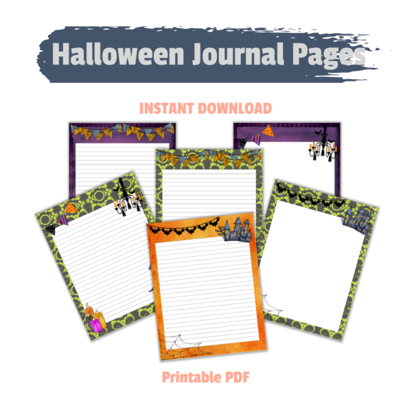 Halloween Journal Pages Instant Download Printable PDF then 6 images of lined and blank papers showing the styles with purple, green, and orange backgrounds