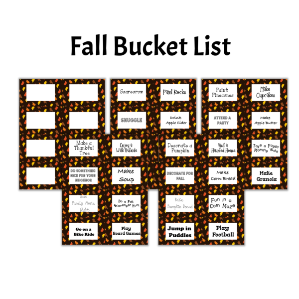 white background with fall bucket list, with blank sheet, and 4 other pages of the printable fall bucket list